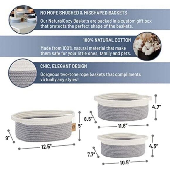 Oval Cotton Rope Storage Basket Set | Set of 3 | Neutral Off-White & Gray - Picture 4 of 8
